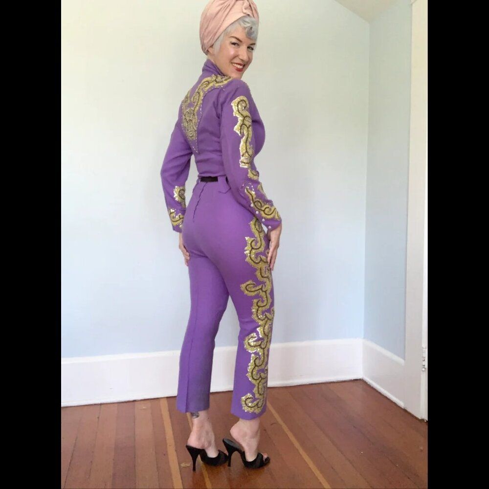 Vintage 1950s Rodeo Queen Western Suit – Custom Purple & Gold Sequin - Picture 4 of 17